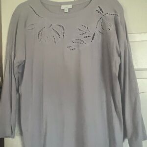 J. Jill Light Gray Laser-Cut Floral Neckline Sweatshirt